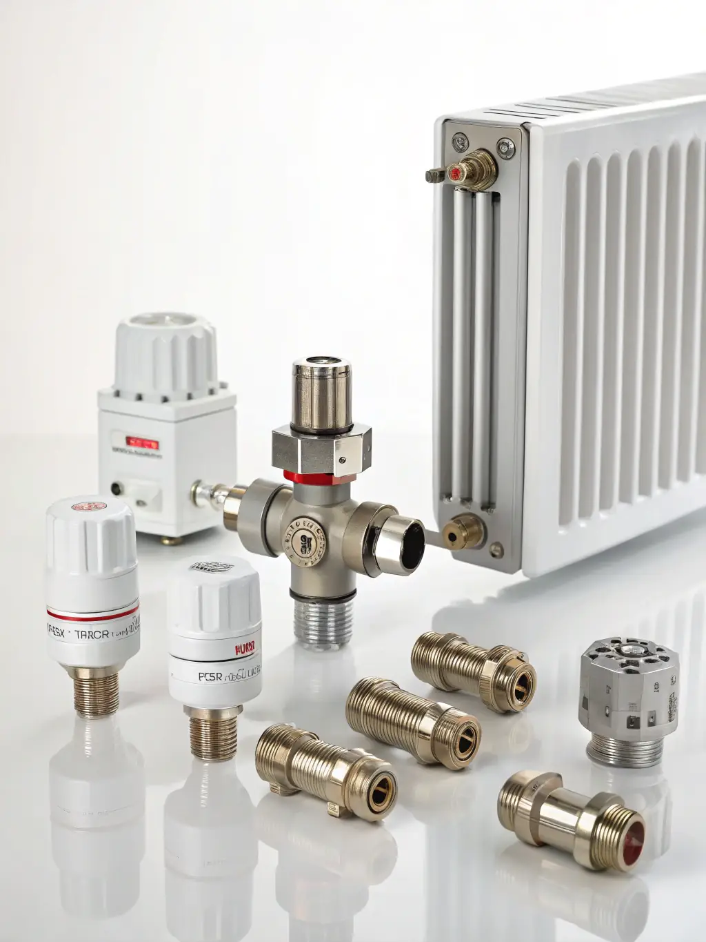 A display of various high-quality spare parts used in heating system repairs, showcasing their durability and reliability.