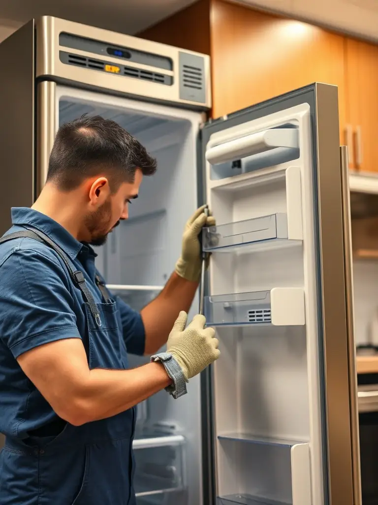 A close-up shot of a technician expertly repairing the internal components of a household refrigerator in a modern kitchen setting, emphasizing precision and care.