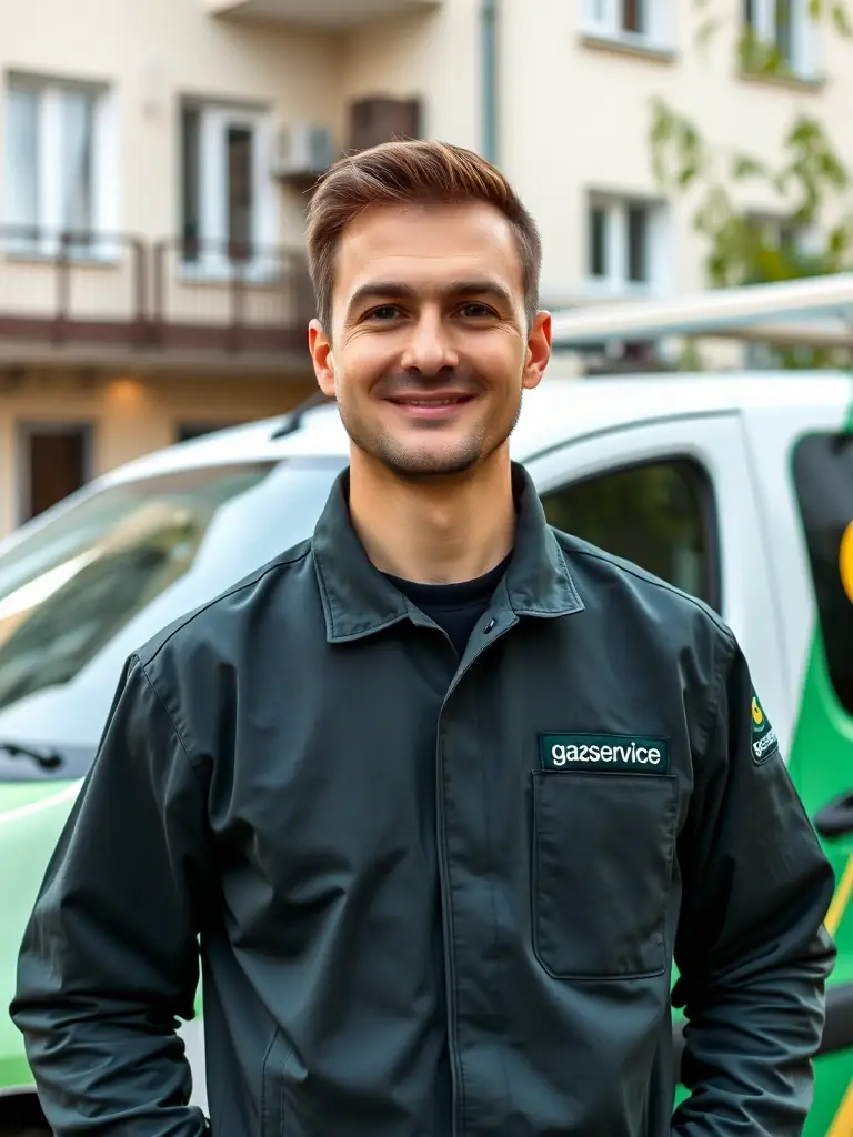 A high-quality photo of a technician in a gazservice uniform, smiling and ready to assist, with a van in the background, symbolizing 24/7 availability.