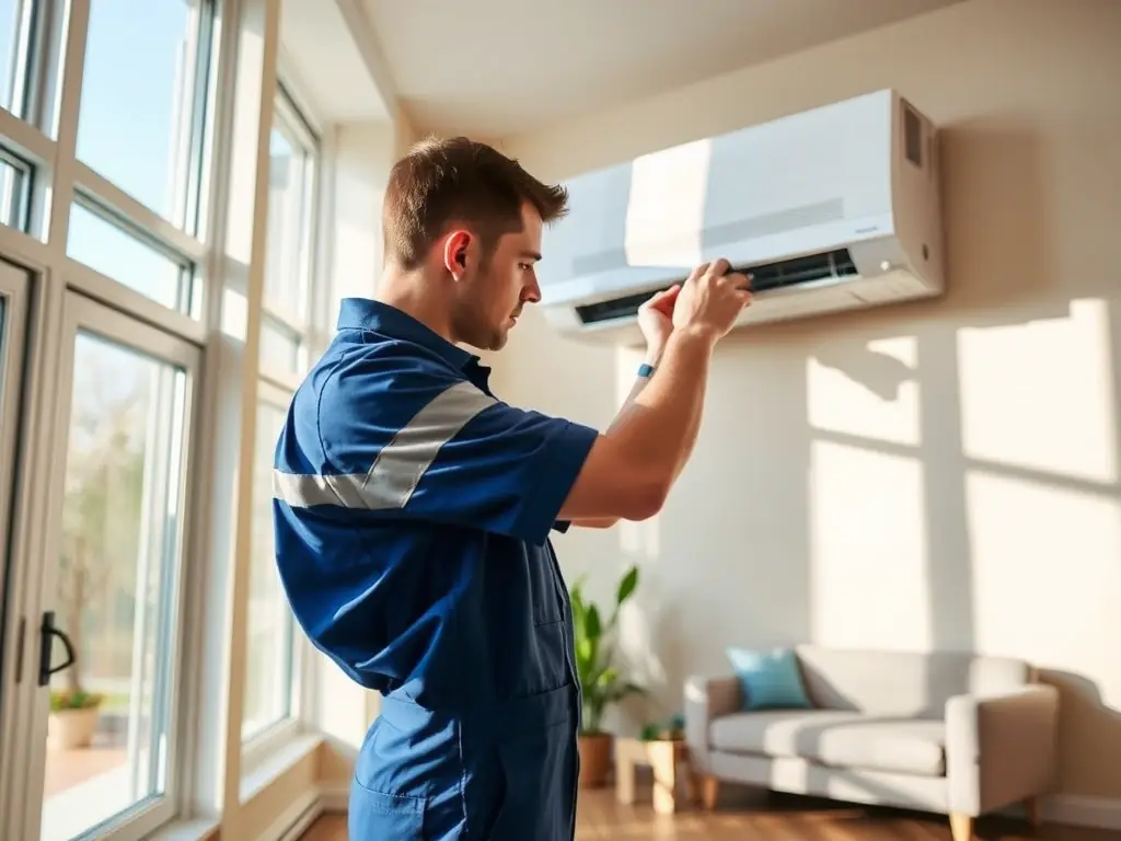 A technician installing a split air conditioning system in a modern living room, showcasing the precision and care taken during installation.