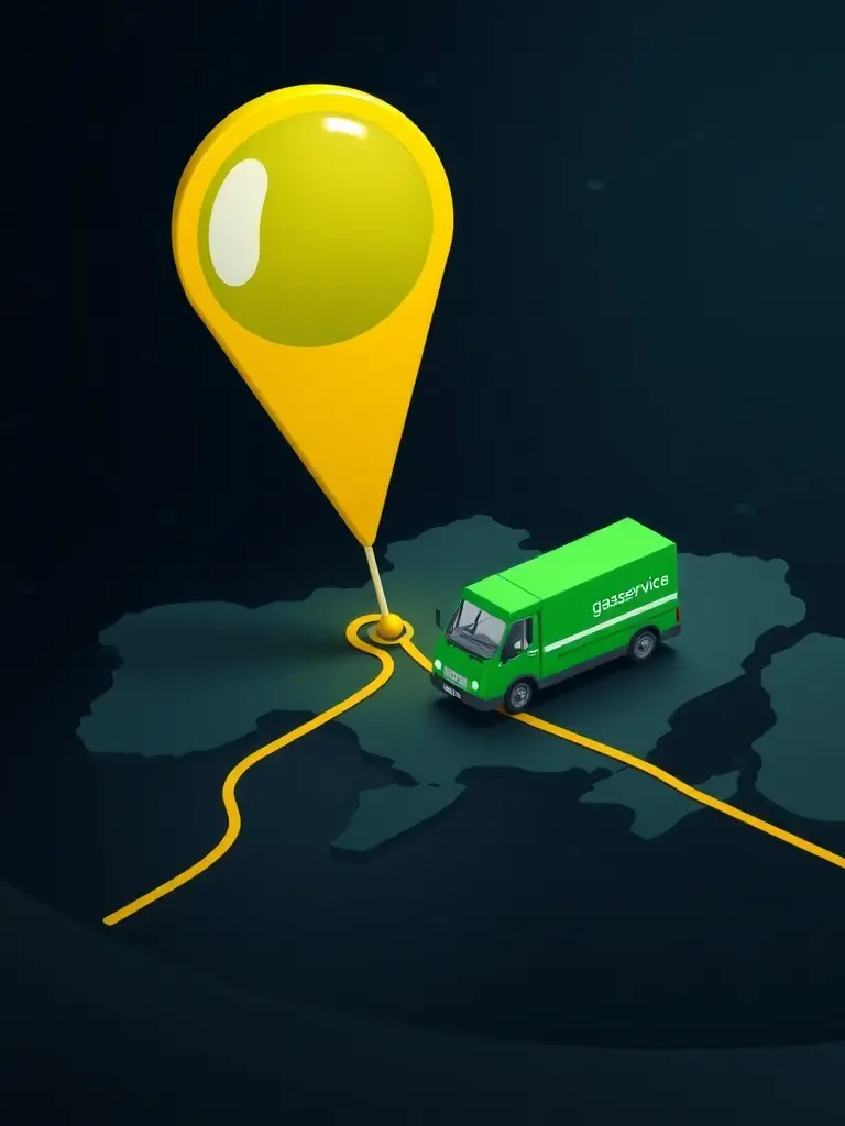 A digital illustration of a GPS icon pinpointing a location with a gazservice van arriving quickly, emphasizing rapid dispatch times.