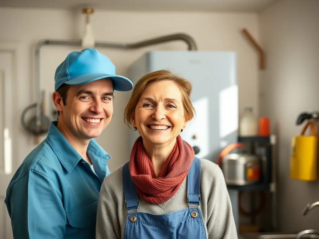 A satisfied customer smiling as their boiler is being serviced, emphasizing the company's focus on customer satisfaction.