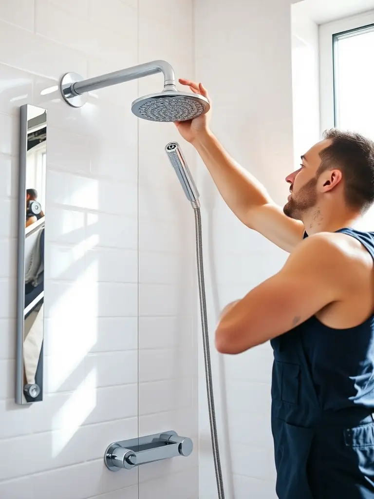 A plumber installing a new, modern shower system in a newly renovated bathroom, showcasing the installation service.