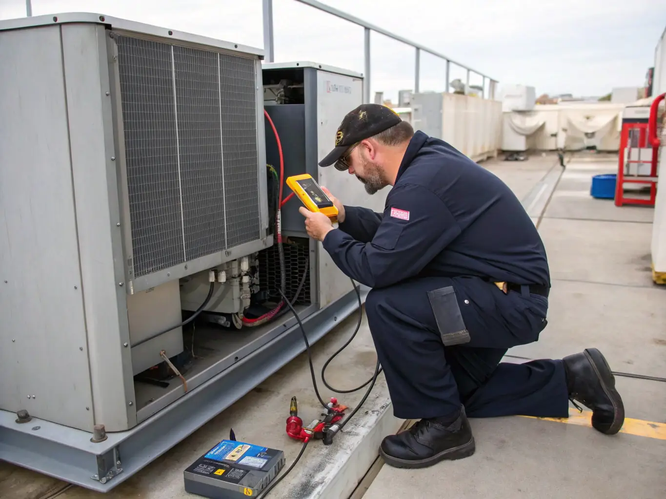 A technician in uniform diagnosing a complex heating system with a digital multimeter, showcasing the advanced diagnostic capabilities of gazservice.