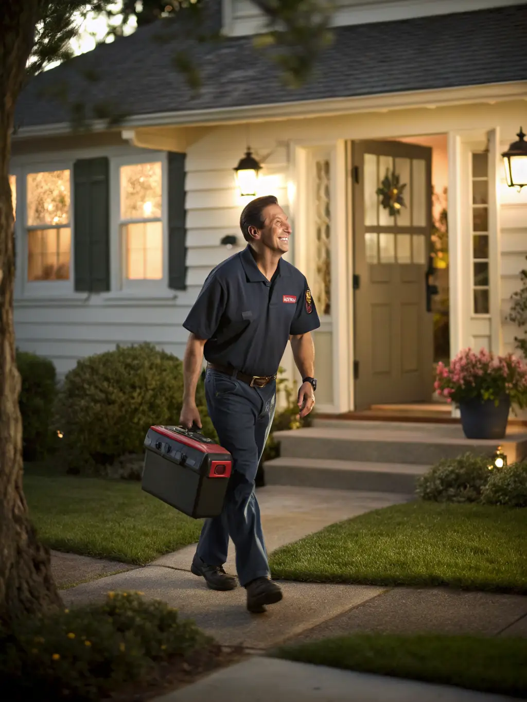 A technician arriving promptly at a customer's home, carrying tools and equipment for heating system repair.