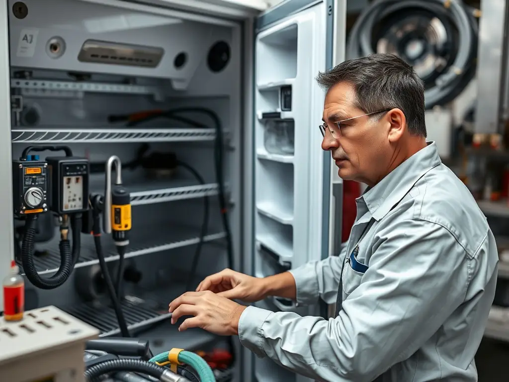 A close-up shot of a technician replacing a compressor in a refrigerator, highlighting the precision and expertise involved in the process.