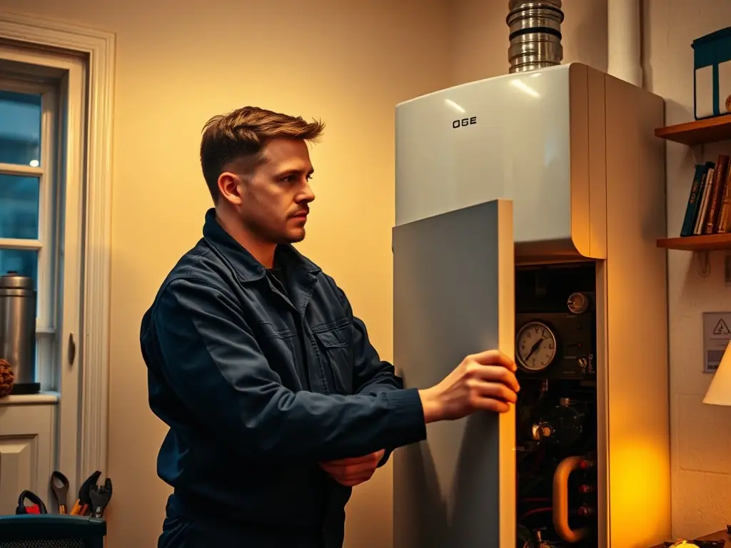 A technician in Gazservice uniform performing a detailed inspection of a heating system component in a residential setting, showcasing the company's commitment to thorough maintenance.