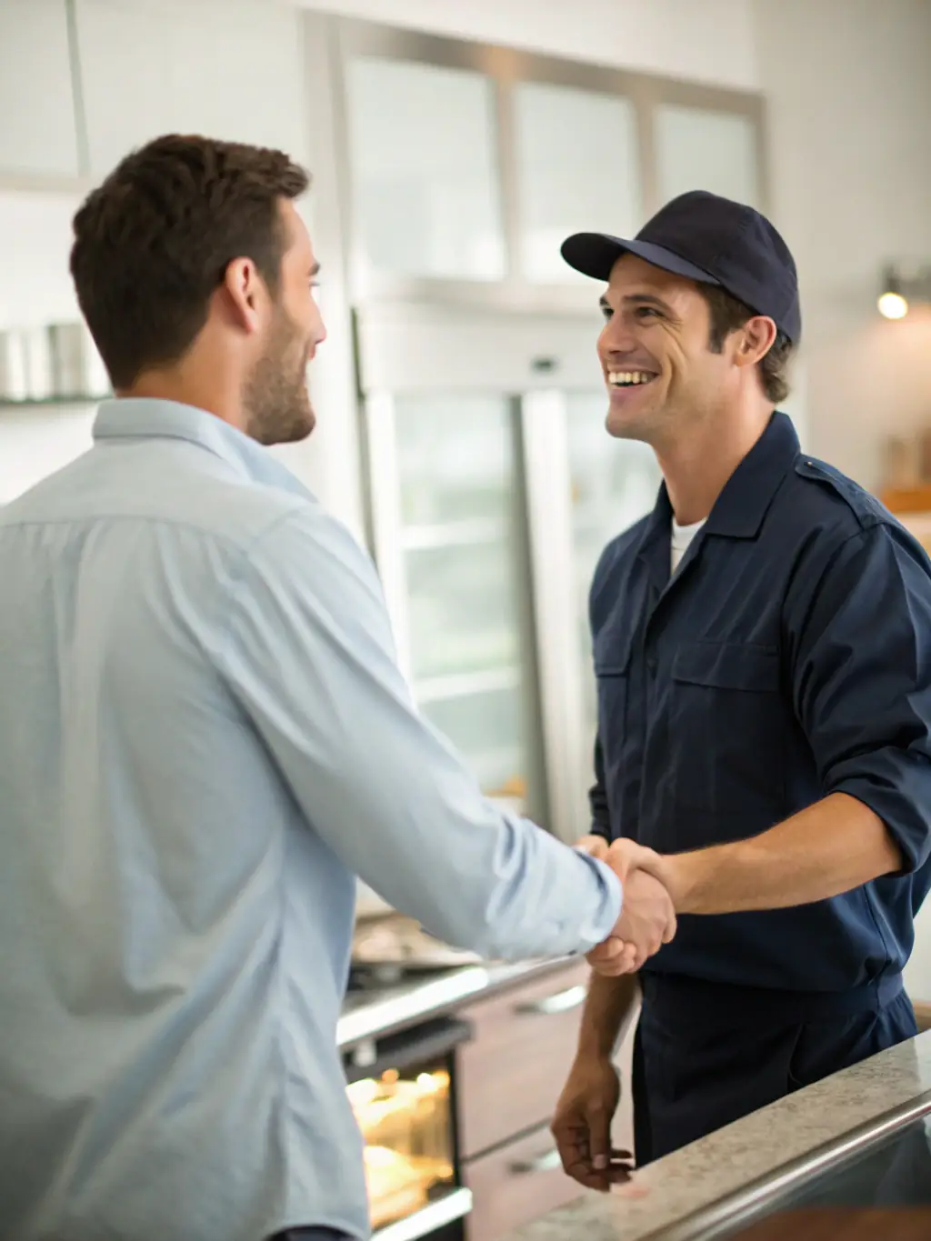 A customer shaking hands with a technician in front of a repaired boiler, both smiling, set against a cozy home backdrop, illustrating customer satisfaction and reliable service.