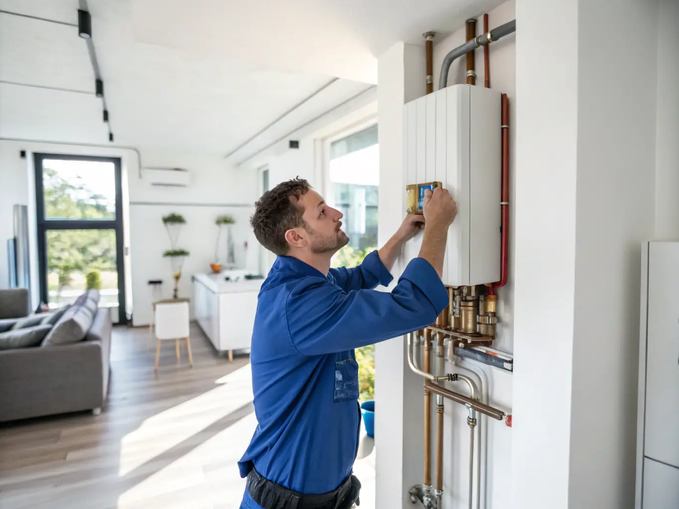A team of Gazservice technicians working efficiently on a heating system installation in a коттедж, demonstrating the speed and coordination of their work.