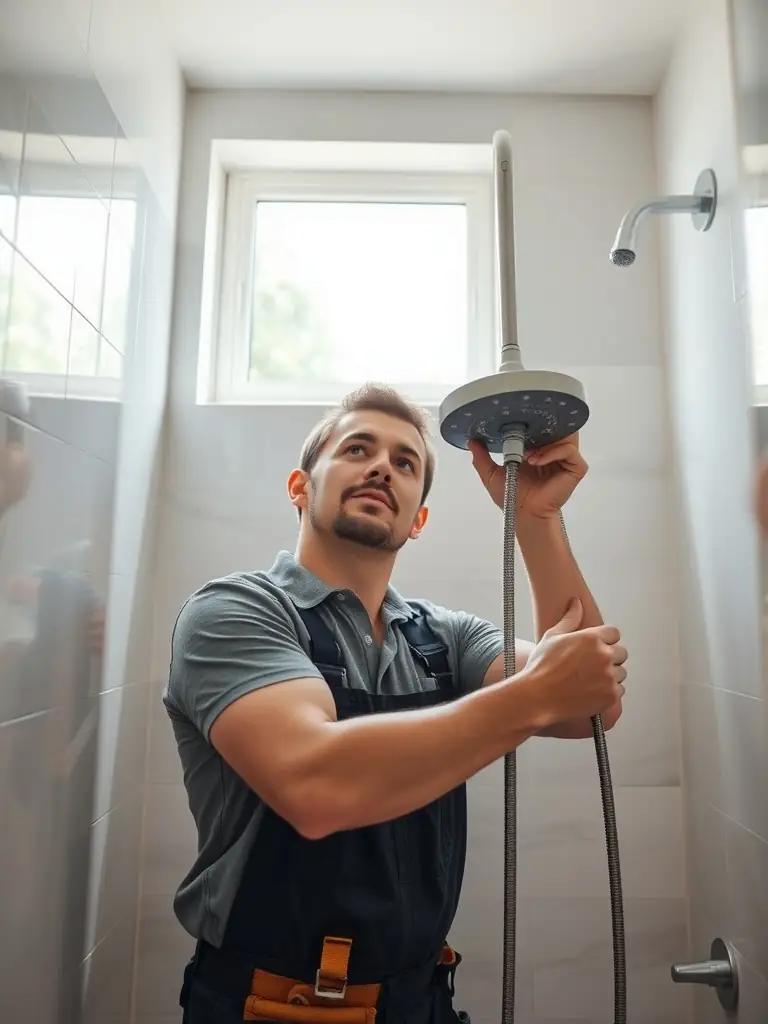 A plumber installing a new shower cabin in a bathroom, with tiling and fixtures being set up.