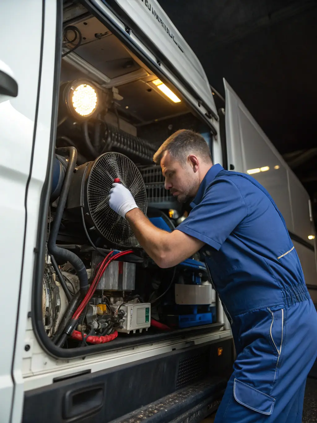 A close-up shot of a technician servicing a refrigeration unit in a transport truck, with the truck's logo subtly visible in the background.
