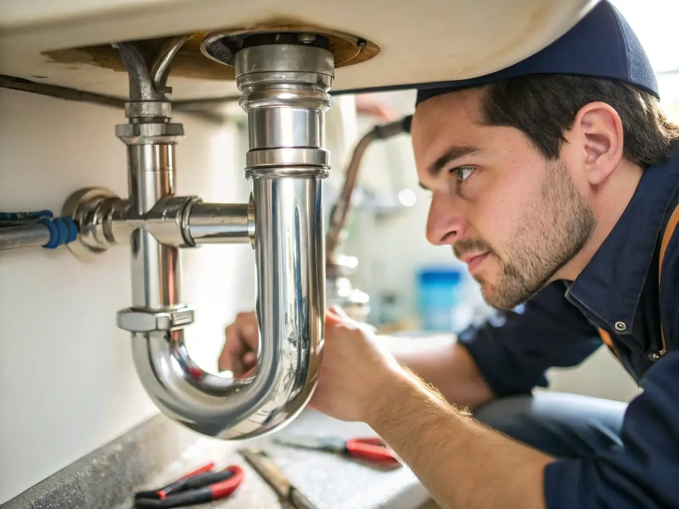 A technician meticulously inspecting a newly installed Rehau heating pipe connection in a modern home, showcasing the precision and attention to detail in Gazservice's installations.