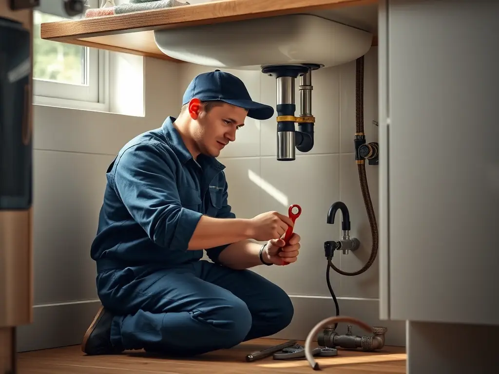 A photograph showing a Gazservice technician repairing a leaky pipe under a sink, with tools neatly arranged and a focused expression, emphasizing expertise and problem-solving skills.