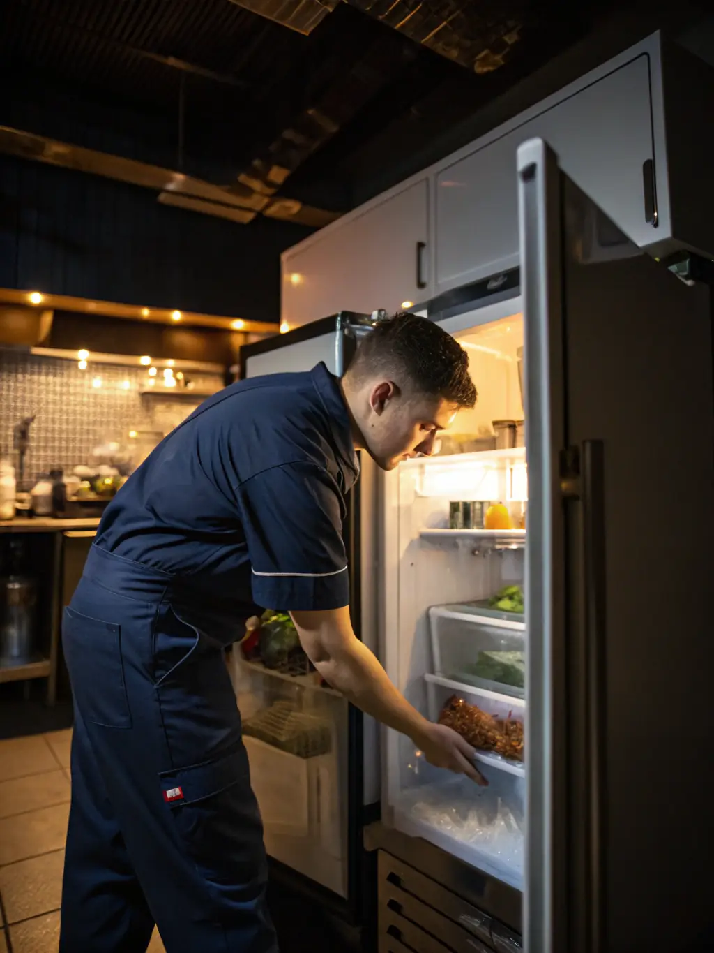 A technician in a blue uniform diagnosing a commercial refrigerator in a busy restaurant kitchen, using diagnostic tools.