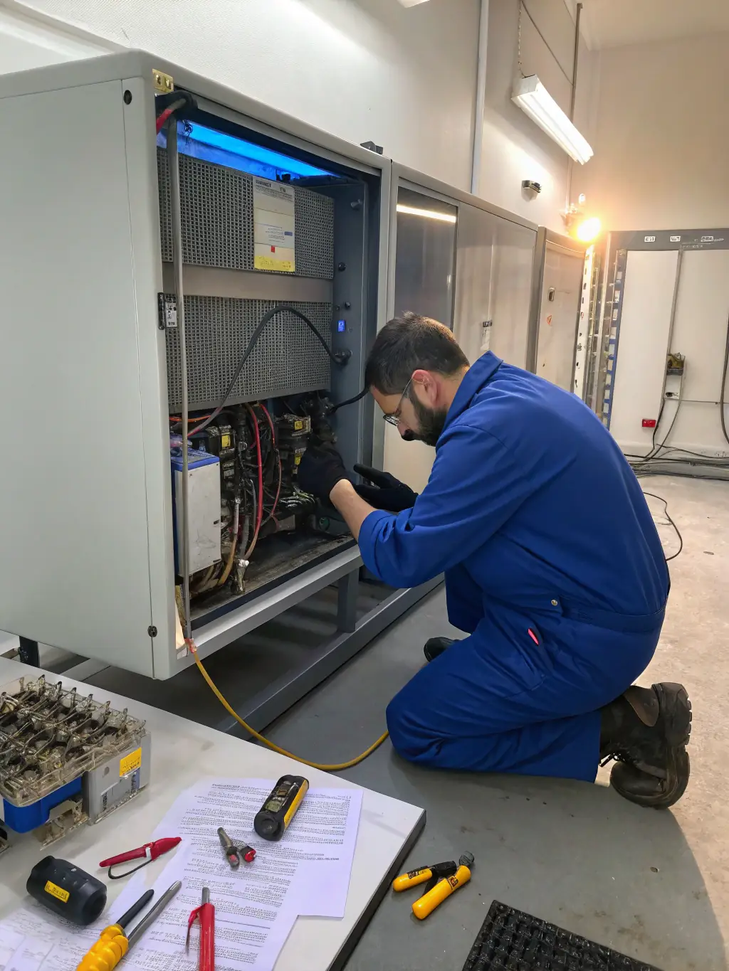 A close-up shot of a technician replacing a compressor in an industrial refrigeration unit, with various tools and components visible.