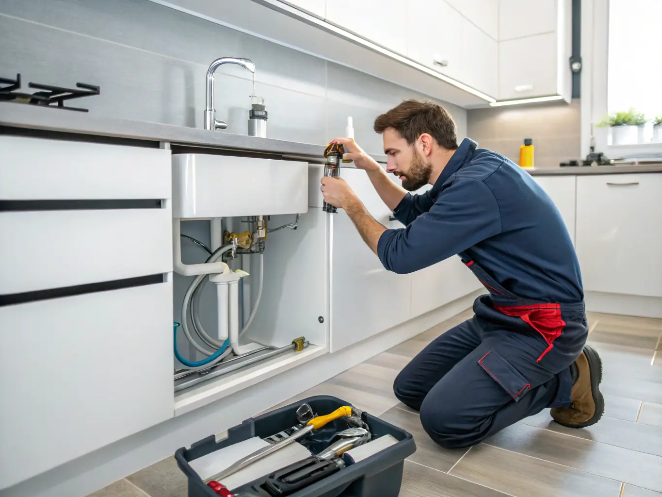A high-resolution image depicting a Gazservice technician expertly installing a new water pipe in a modern home setting, showcasing precision and professionalism.