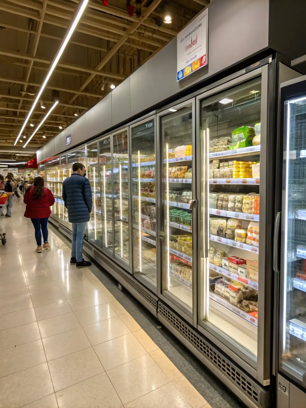 A wide shot of a technician working on a commercial display case in a busy grocery store, with various food items visible in the background.