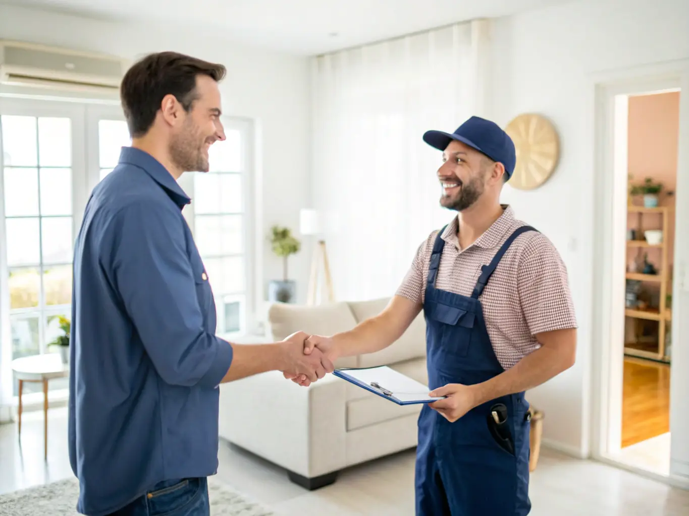 A friendly Gazservice technician in uniform, smiling and shaking hands with a homeowner in a modern kitchen, symbolizing the initial consultation and trust-building phase.