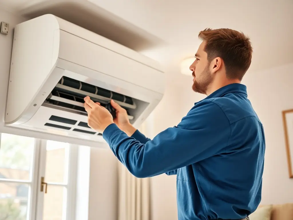 A certified technician professionally installing an air conditioning unit in a residential setting, ensuring proper setup and functionality.
