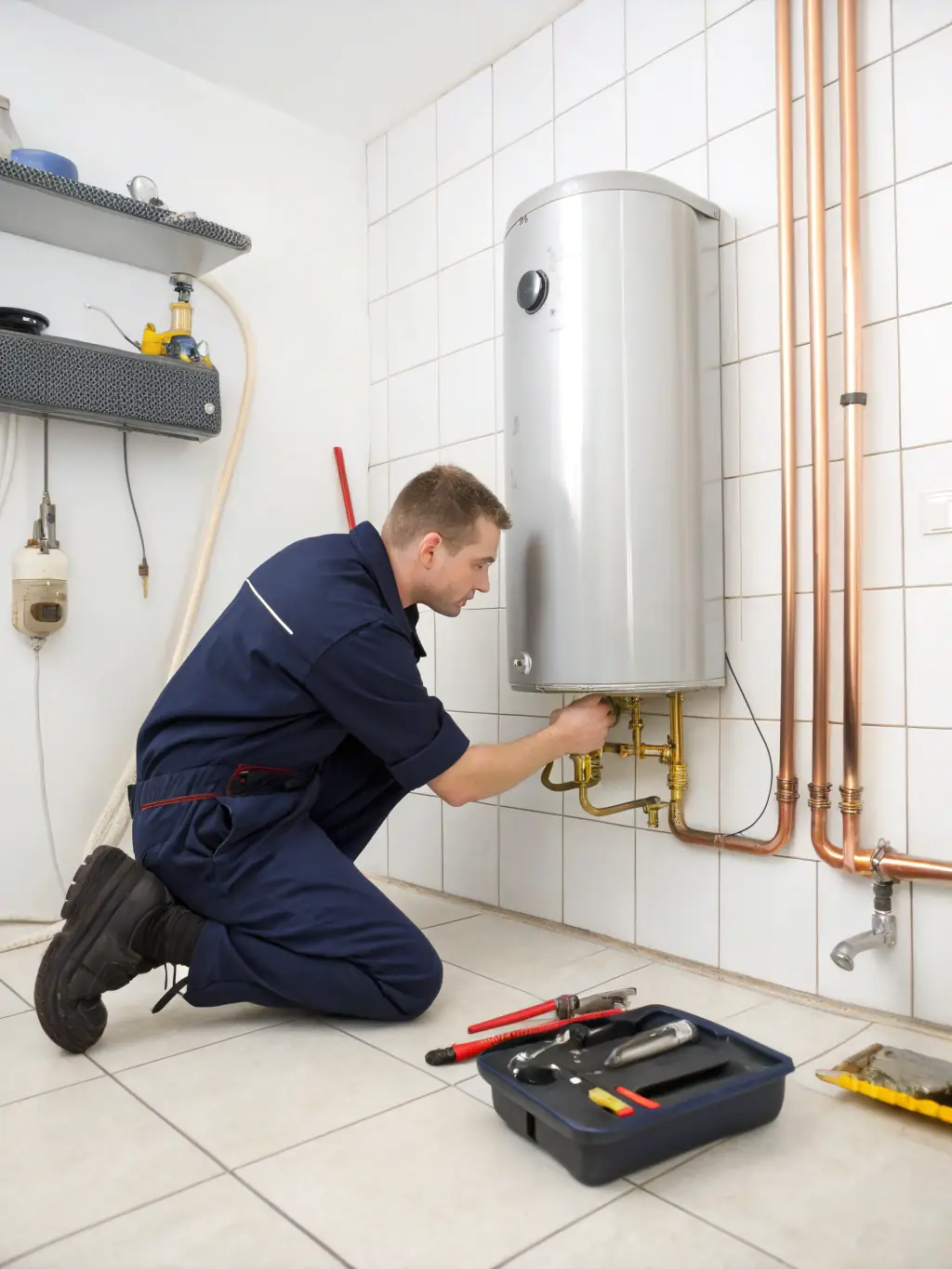 A plumber performing routine maintenance on a home's water heater, checking connections and ensuring optimal performance.