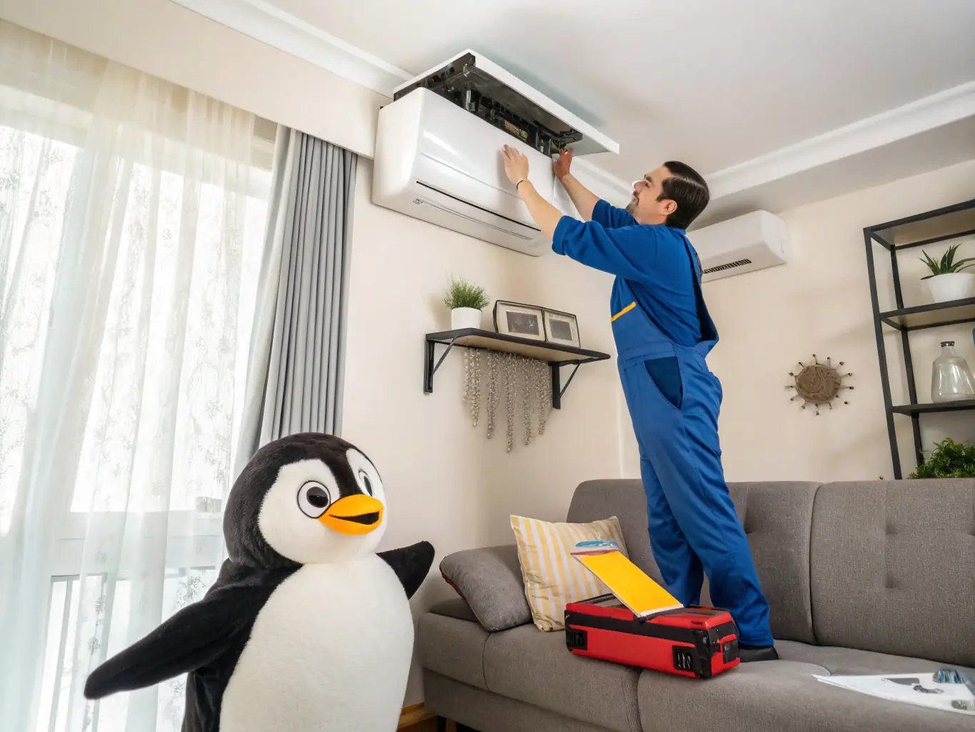 A technician repairing an air conditioning unit, with tools and diagnostic equipment visible, highlighting the expertise in handling complex repairs.