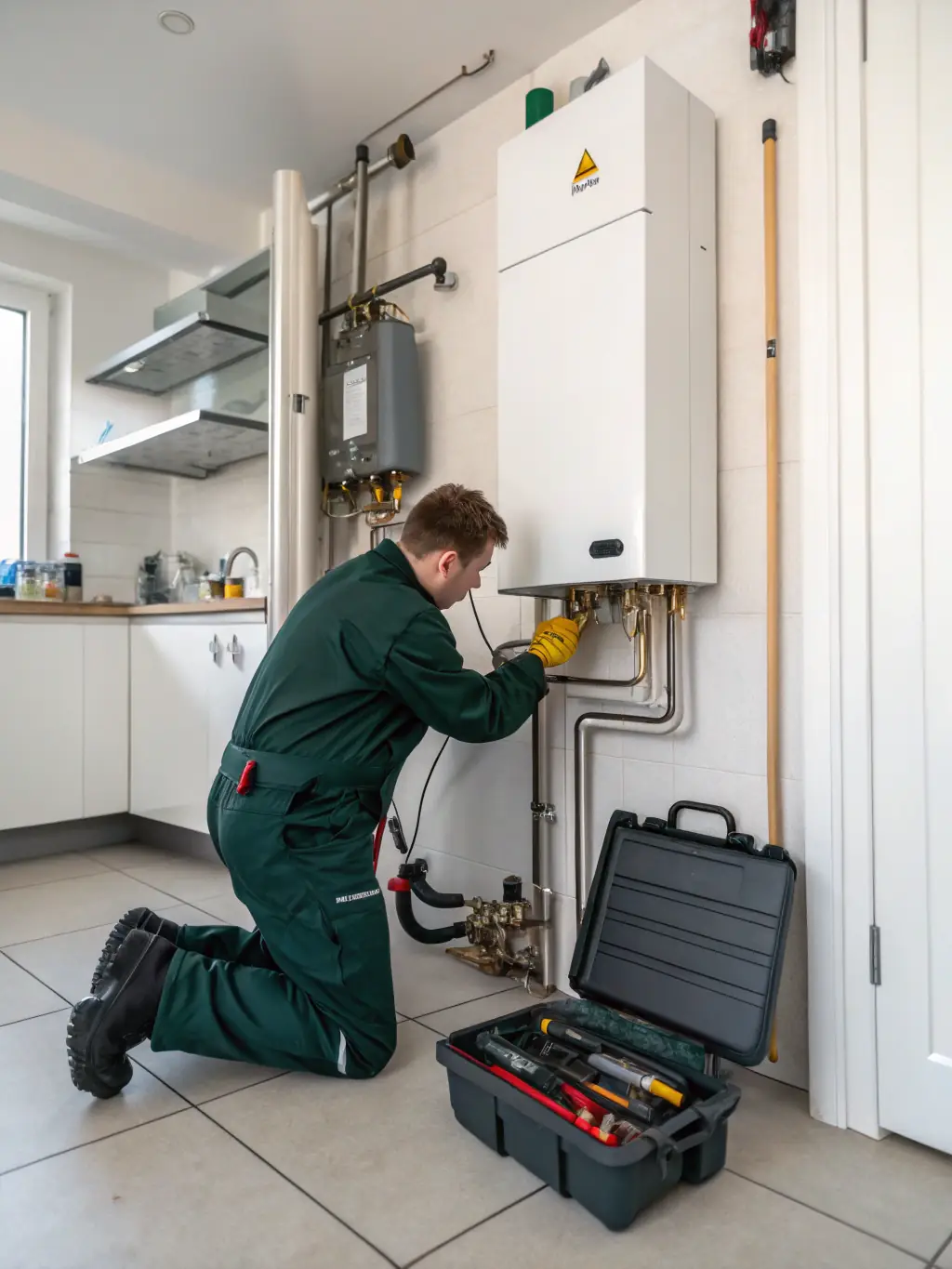 A technician in a blue uniform, smiling and holding a wrench, standing next to a modern, wall-mounted gas boiler in a clean, well-lit home environment, symbolizing professional and friendly service.