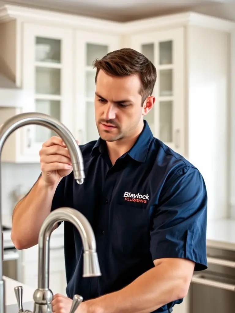 A plumber carefully replacing a faucet in a modern bathroom, showcasing precision and attention to detail.