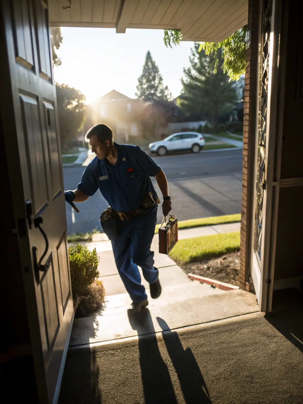 A picture showcasing gazservice's fast response time, such as a technician arriving at a customer's home in a branded van.