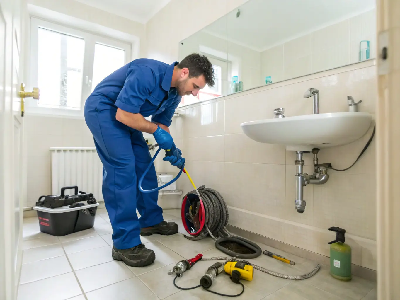 A photo of a technician unclogging a drain with specialized equipment, illustrating the process of clearing blockages in a residential plumbing system.