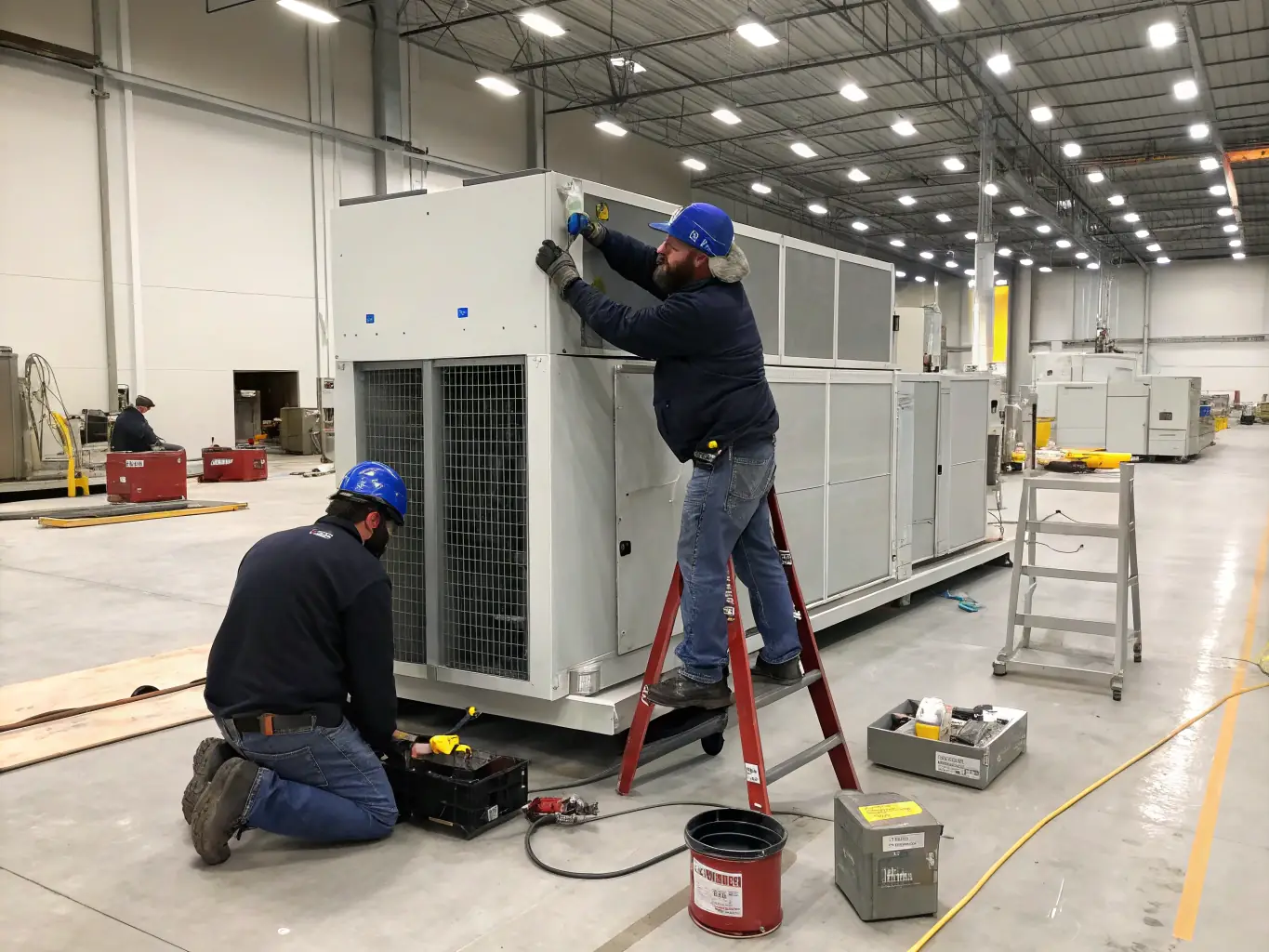 Technicians carefully selecting high-quality air conditioning equipment in a well-organized warehouse.