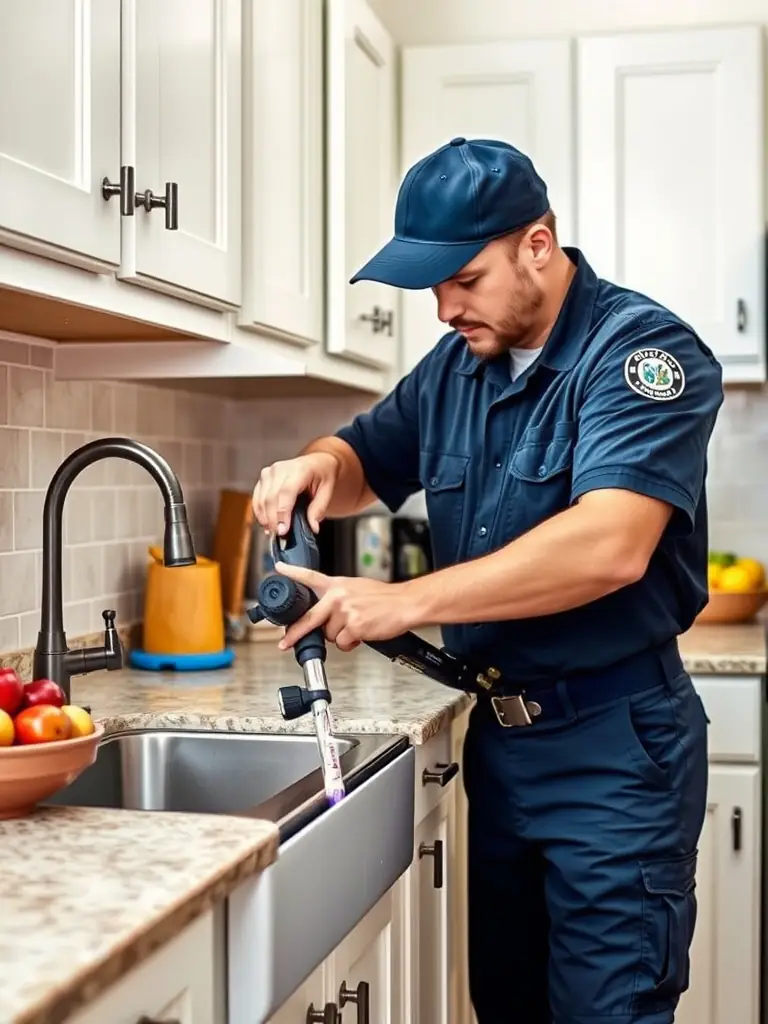 A technician cleaning the drainage system of a refrigerator, with a focus on the tools and the cleaning process.