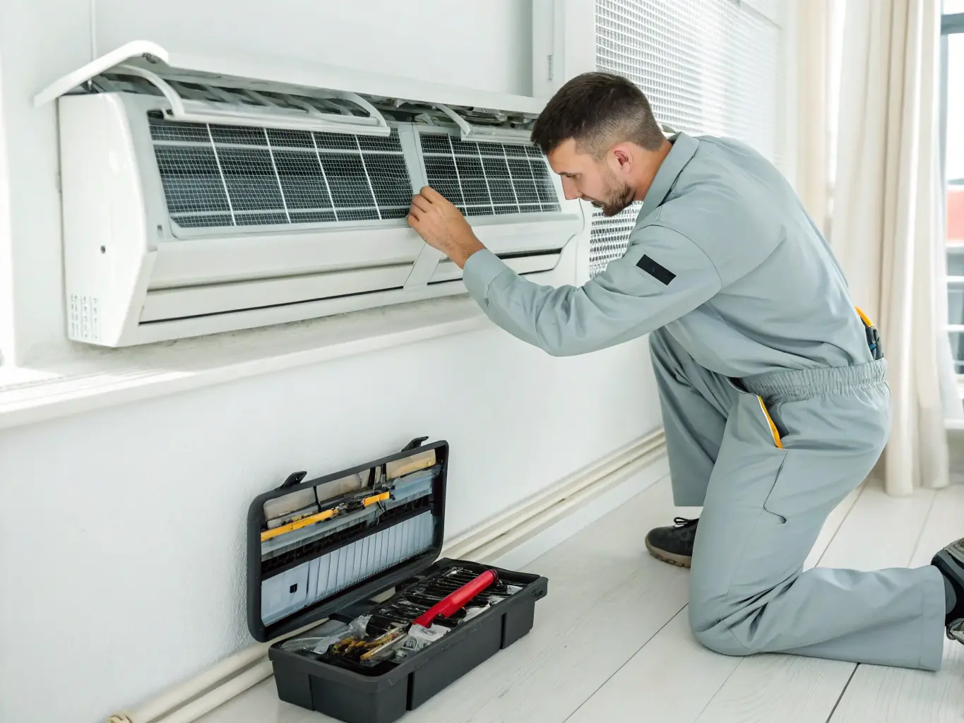 A technician performing routine maintenance on an air conditioning unit, including cleaning filters and checking refrigerant levels.