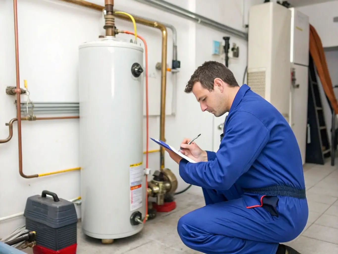 A clean, well-lit image of a Gazservice technician performing routine maintenance on a water heater, highlighting the importance of preventative care for optimal performance and longevity.