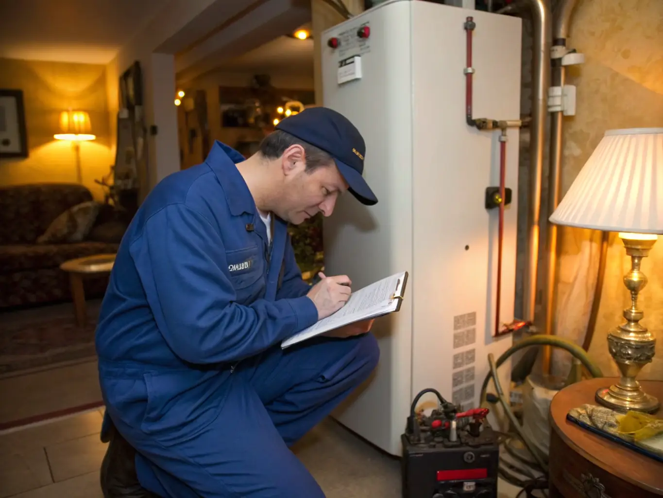 A technician in Ukraine diagnosing a boiler issue with specialized tools, showcasing the company's commitment to quality service.