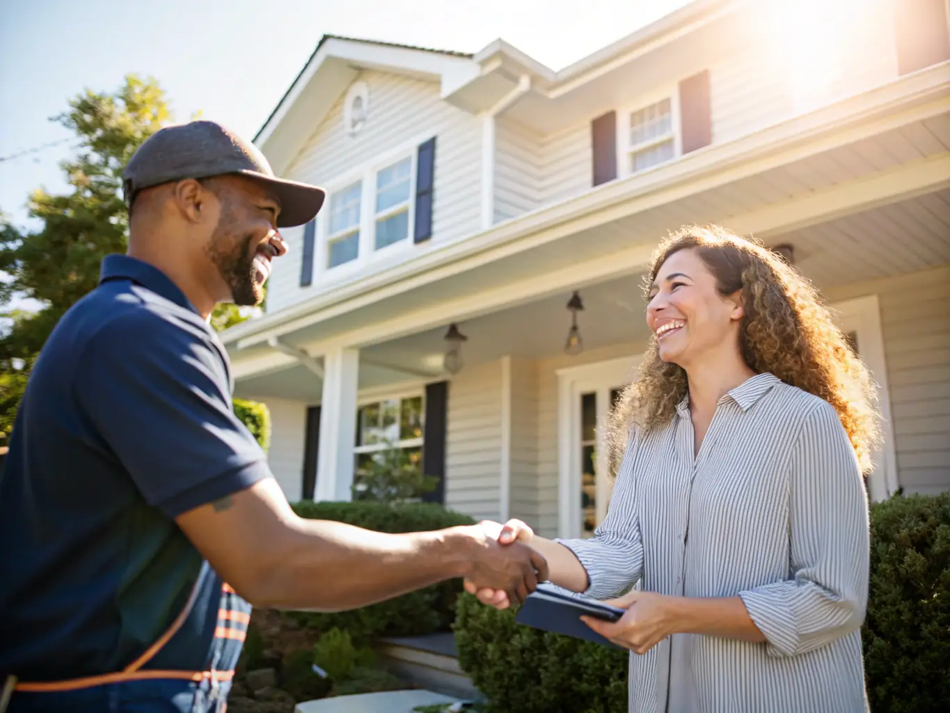 A customer smiling and shaking hands with a Gazservice technician after a successful repair, emphasizing the company's dedication to customer satisfaction.