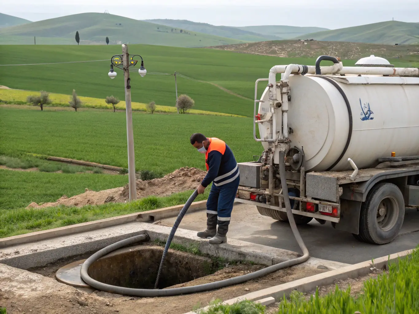A photo of a vacuum truck removing waste from a septic tank, demonstrating the process of waste disposal and environmental protection.