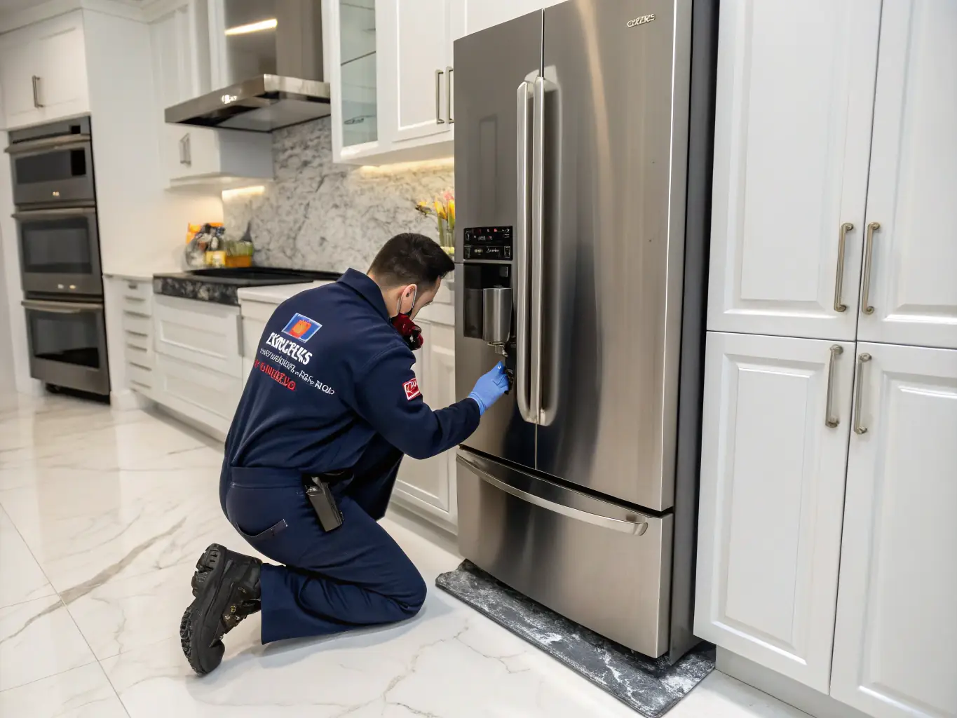 A technician cleaning the coils of a refrigerator in a residential kitchen. The refrigerator is modern and stainless steel.