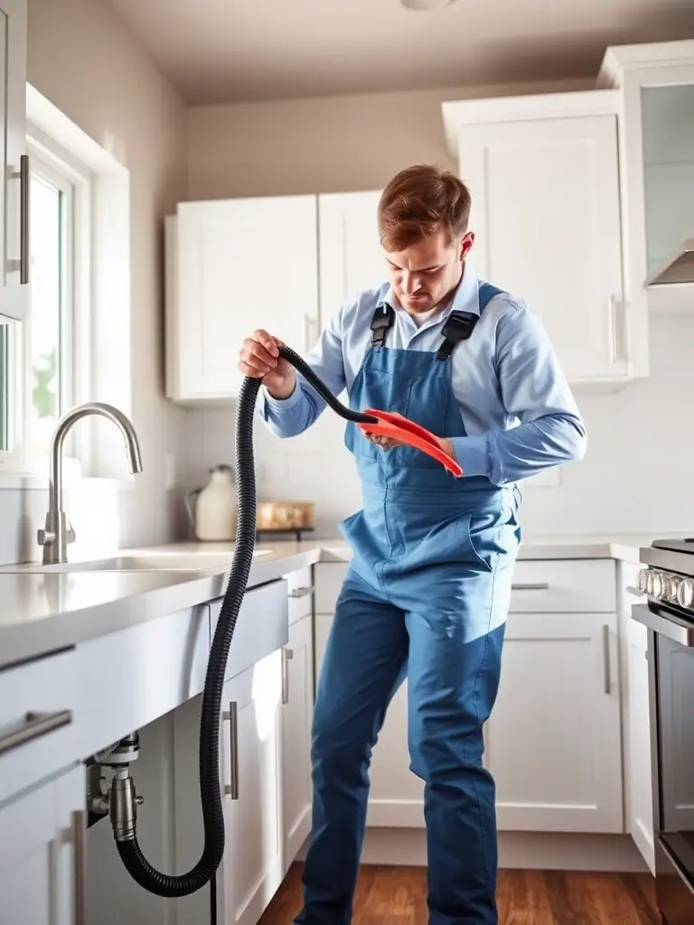 A plumber using specialized equipment to clear a clogged drain in a kitchen sink, highlighting the drain cleaning service.