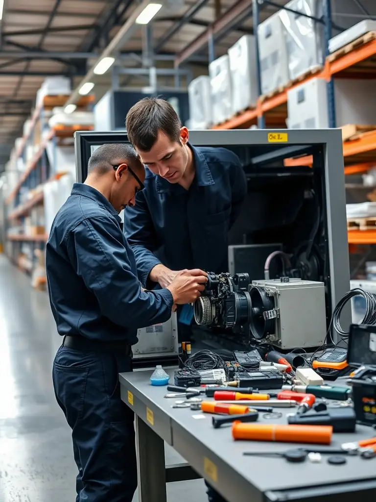 A technician calibrating the electronic controls of a modern refrigerator, with a focus on the digital display and the technician's precision.