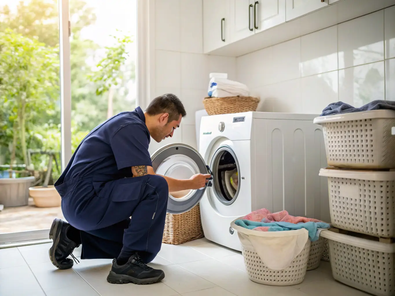A front-load washing machine being serviced by a technician in a laundry room. The technician is using diagnostic tools to identify the problem.