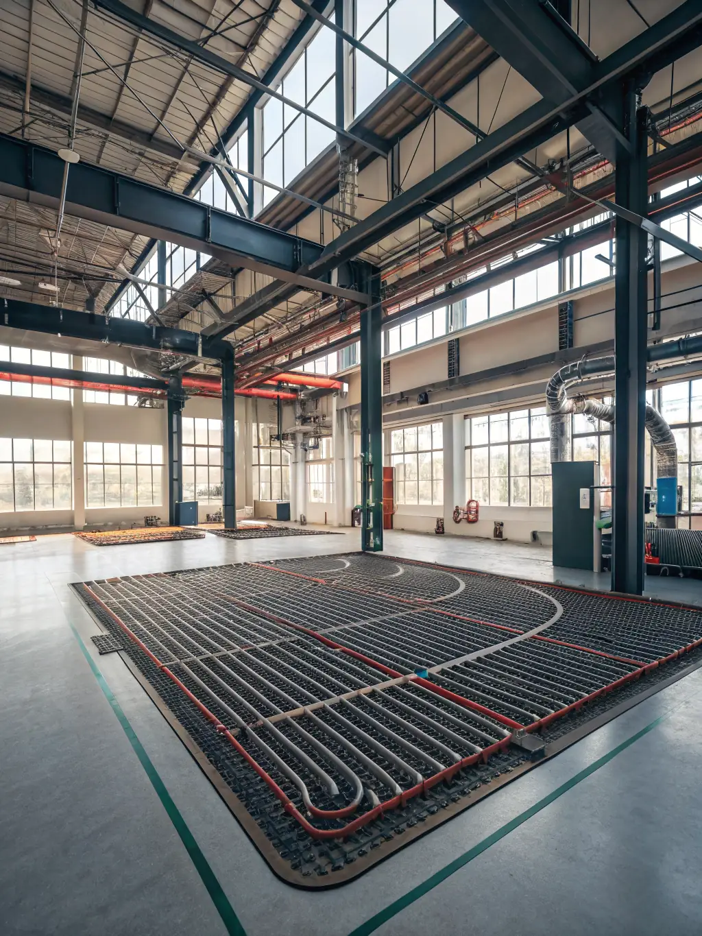 A wide shot of an industrial heating system installation in a large warehouse, showcasing the scale and complexity of the project.
