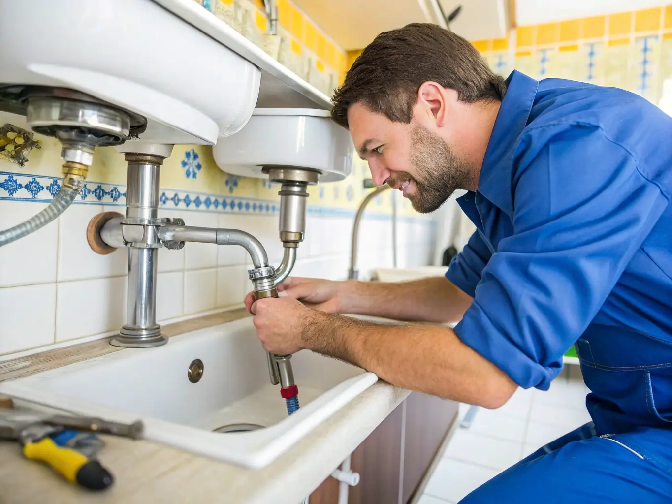 A close-up shot of a plumber meticulously repairing a pipe under a sink, showcasing the attention to detail and quality of work provided by Gazservice.