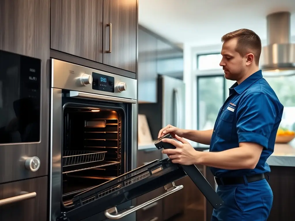 A technician repairing a modern gas stove in a clean, well-lit kitchen. The focus is on the technician's hands and the intricate components of the stove.