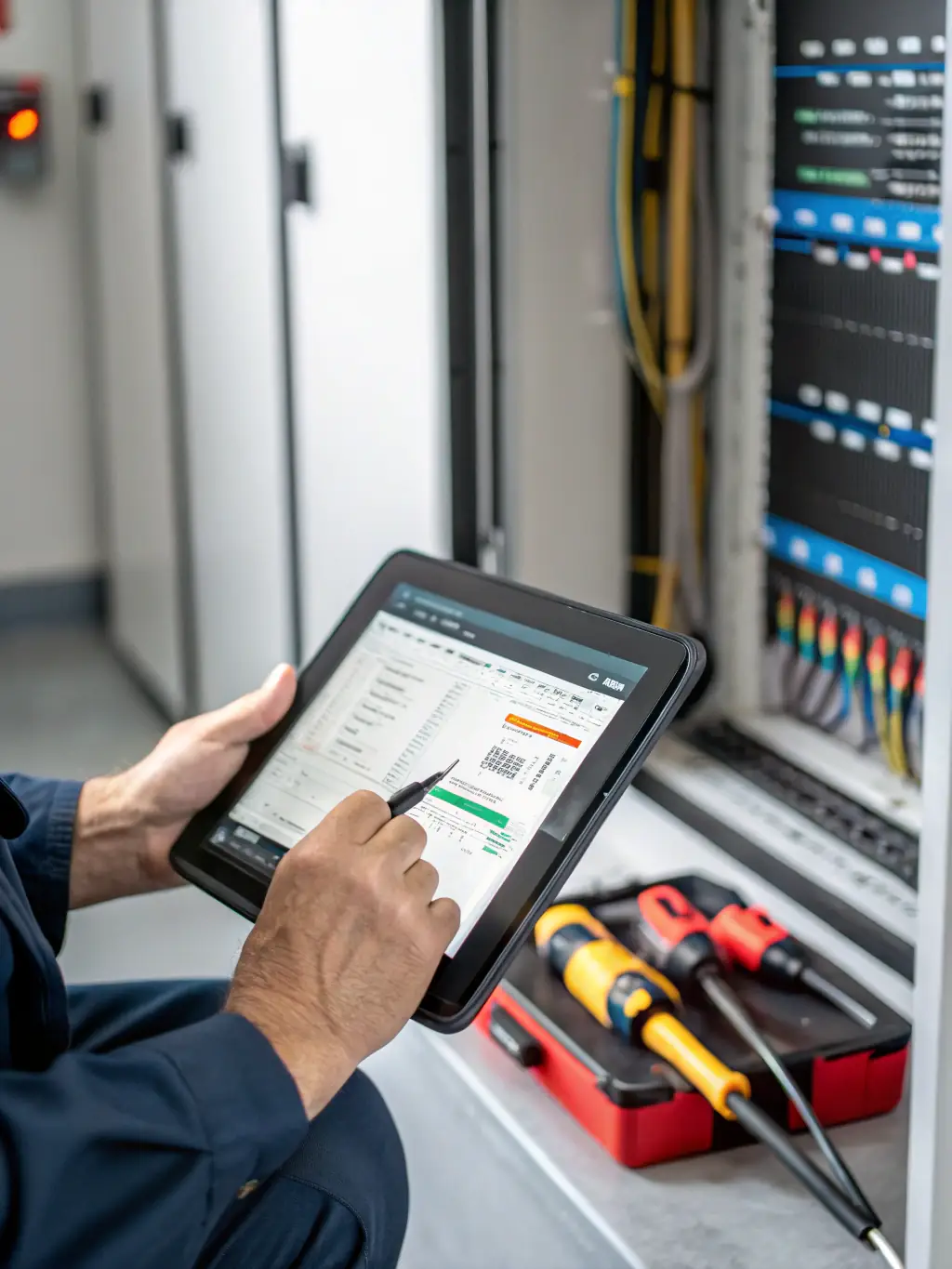 A digital tablet displaying a checklist of boiler components being inspected, with a technician's hand pointing to the screen, emphasizing thorough diagnostics and systematic repair processes.