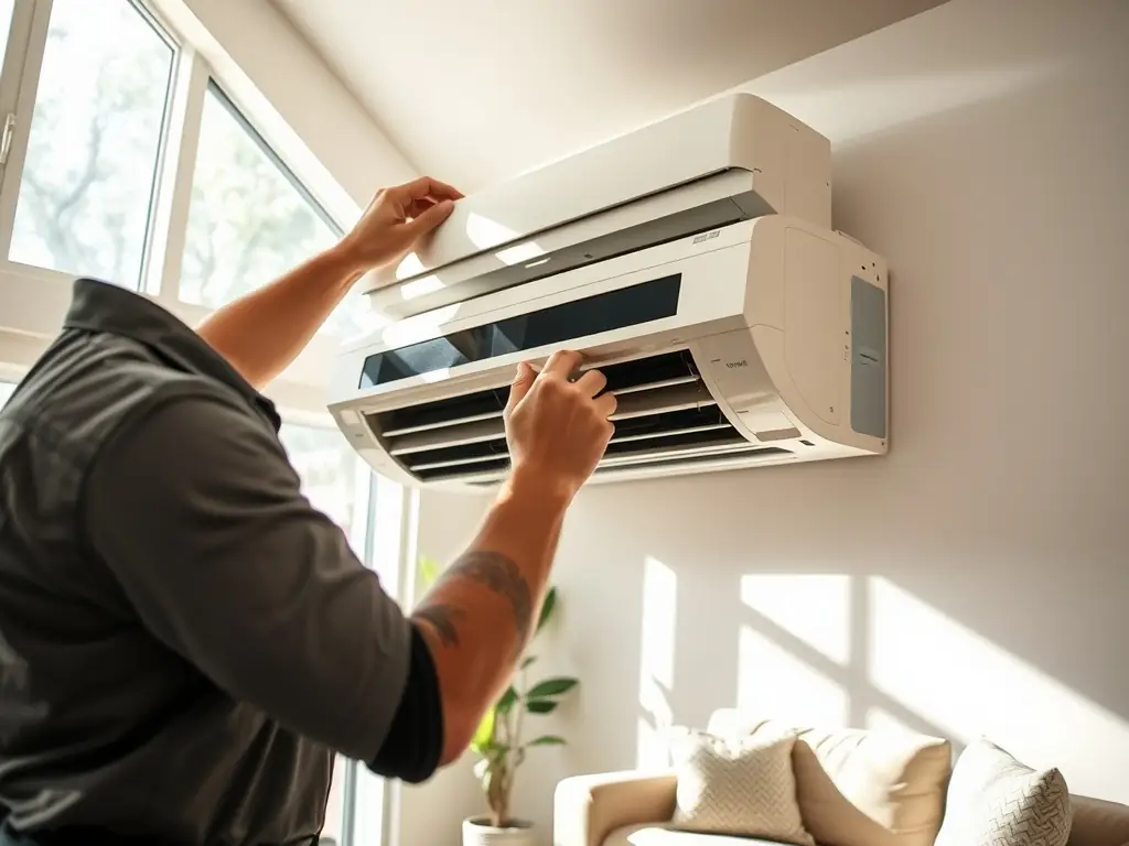 A technician installing a modern split-system air conditioner in a living room, showcasing the quick and professional installation service.