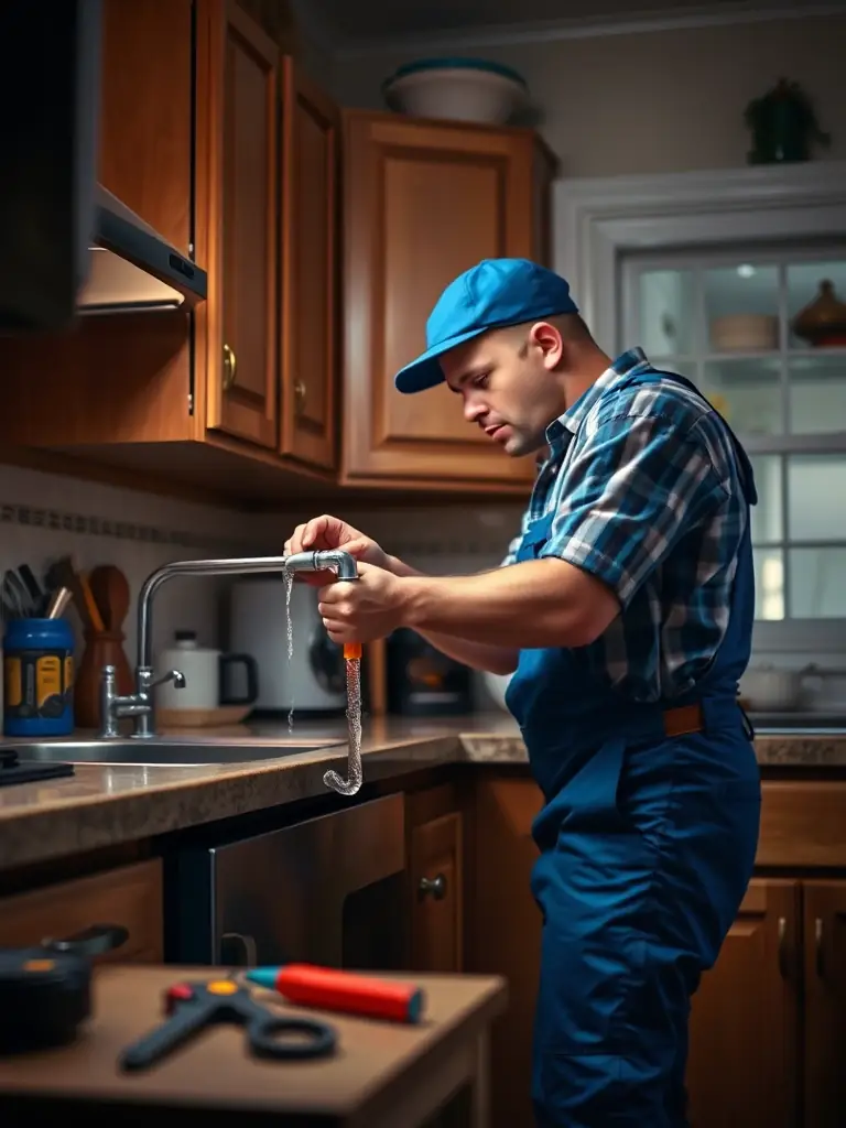 A plumber urgently repairing a burst pipe in a residential bathroom, water spraying everywhere, emphasizing the emergency nature of the service.