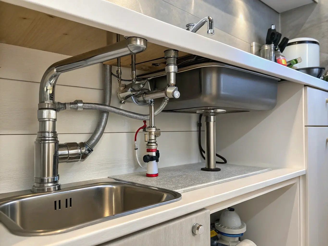 A completed plumbing installation in a modern home, with clean lines and efficient fixtures, representing the final inspection and customer satisfaction.