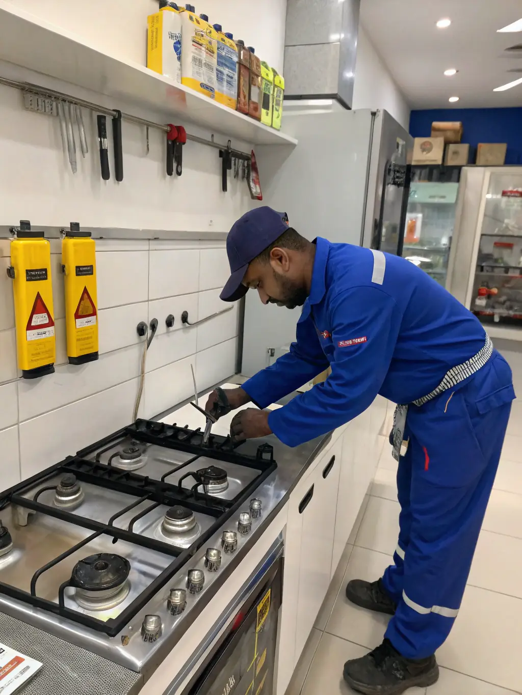 A photo of a smiling technician in a gazservice uniform, holding a wrench and standing in front of a modern gas heater.