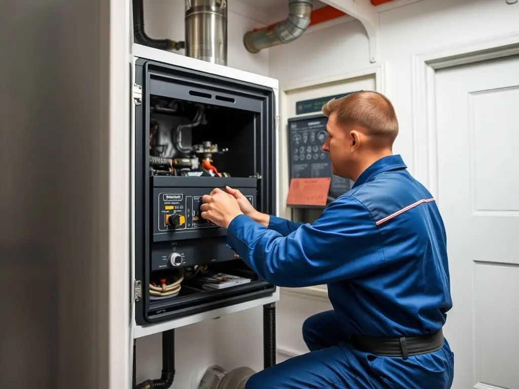 A gazservice technician repairing a boiler with precision, highlighting the company's expertise in heating equipment repair.