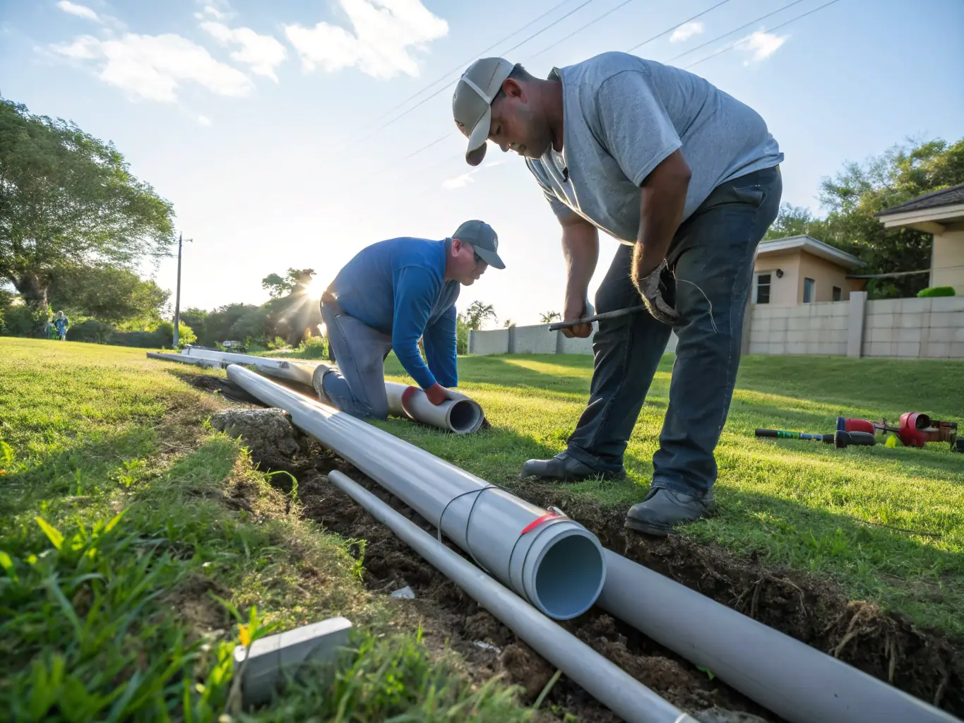 A photo of a technician connecting a pipe to the central sewerage system, showcasing the process of connecting a building to the main water disposal network.